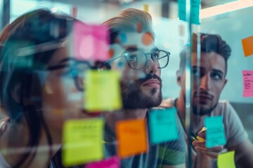 Wall Mural - Professional young business team engaged in a brainstorming session, using colorful sticky notes on a glass wall to organize their ideas and strategies in office.