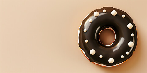 Wall Mural - Black donut with badge dots on cream background. Banner, copy space