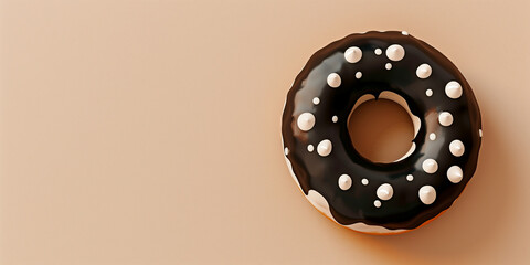 Wall Mural - Black donut with badge dots on cream background. Banner, copy space