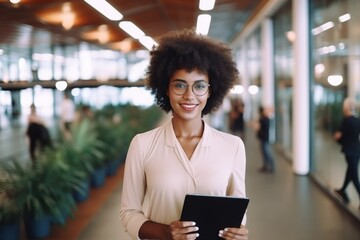 Wall Mural - Portrait of happy African businesswoman holding digital tablet in the office