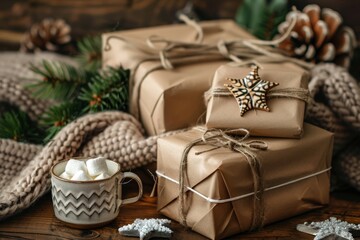 Wall Mural - Pile of Christmas wrapped presents with twine string roll, fir tree branch, marshmallow cacao cup, Christmas toy star at wooden background. Xmas decoration, cozy festive composition, space for text