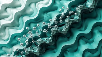 Wall Mural - A complex background of layered geometric shapes in shades of teal and gray, integrated with a molecular model of a nucleotide, symbolizing the foundation of genetic engineering in biotechnology.