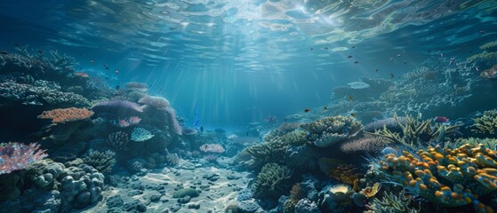 Wall Mural - Vibrant underwater coral reef scene showcasing diverse marine life and colorful corals under the ocean.
