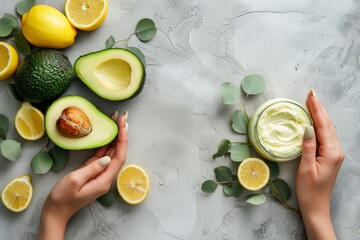 Natural organic ingredients and female hands holding cosmetic cream, avocado, honey, lemon and eucalyptus on white stone background, cosmetics and skin care for face and body care, space for text.