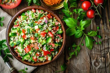 Wall Mural - Middle eastern and Mediterranean traditional vegetable salad tabbouleh with couscous on rustic metal plate and wooden background from above. Arab Turkish food.