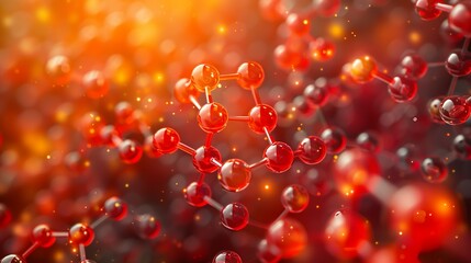 Wall Mural - A detailed background image with overlapping geometric shapes in shades of orange and red, featuring a molecular model of a monoclonal antibody, significant in therapeutic biotechnology. shiny,