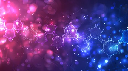 Wall Mural - An eye-catching biotech background with geometric shapes in a gradient of blue and purple, showcasing a detailed molecular model of a metabolic pathway, essential for biochemical studies. shiny,