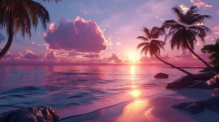 Wall Mural - Serene sunset view on a beach with palm trees