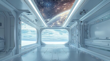 Poster - An empty spaceship refresh room with white walls. The ceiling is a screen projecting a breathtaking view of outer space. The room is meticulously detailed, sci-fi aesthetic. Generative AI.
