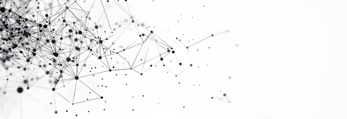 Poster - Black and white network connection dots form a mesh grid structure in shades of gray on the left side of an abstract background with geometric shapes
