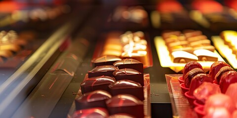 Sticker - High detail of chocolate boxes in duty-free shop, evening glow, no humans