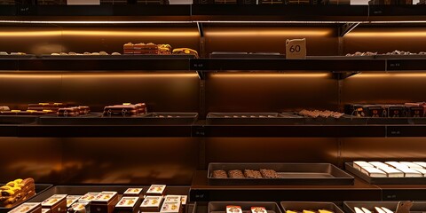 Wall Mural - High detail of chocolate boxes in duty-free shop, evening glow, no humans 