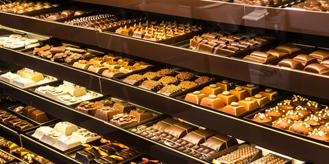 Canvas Print - High detail of chocolate boxes in duty-free shop, evening glow, no humans 