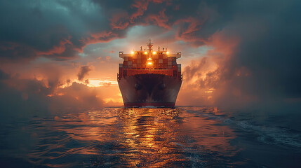 Wall Mural - Front view of a container ship in stormy ocean at sunset