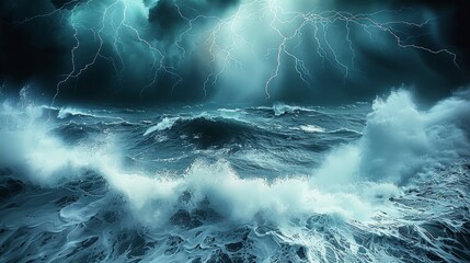 Poster - Bad thunder storm in the ocean, creative angle, danger. Generative AI.