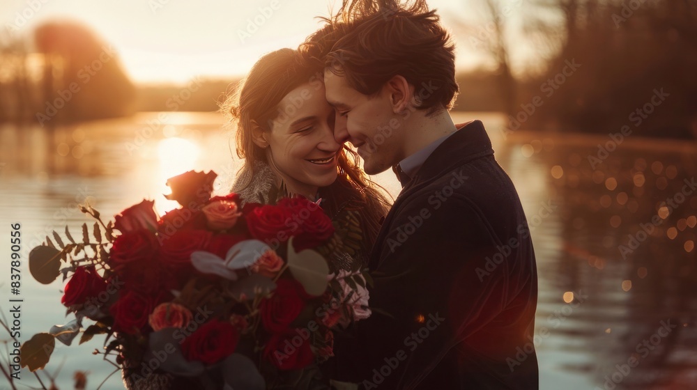 Romantic couple holding roses at sunset near water, captured in an ...