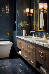 Wall Mural - Modern luxury bathroom interior in navy blue and gold colors
