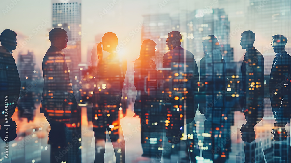 Double exposure image of many business people conference group meeting ...
