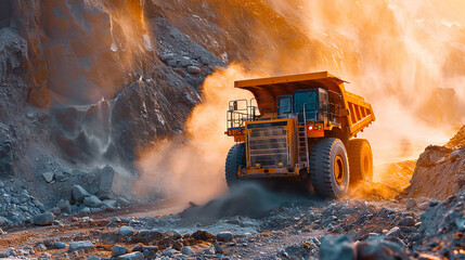 Massive mining truck working in a dusty quarry environment