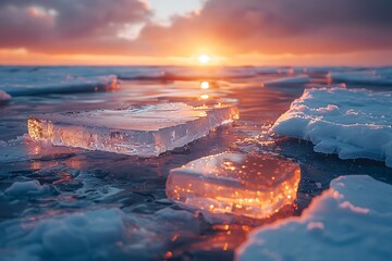 melting ice on the lake with sun view