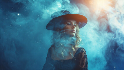 Portrait of a beautiful young witch in a dress and a magic hat against a mystical blue starry background