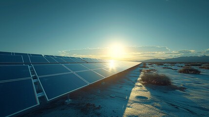 Poster - Low angle shot, solar field, clear sky. Generative AI.