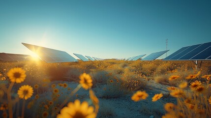Poster - Low angle shot, solar field, clear sky. Generative AI.