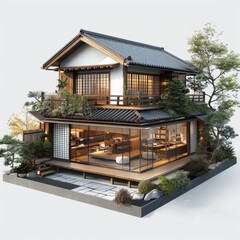 Aufkleber - 3D rendering of an old traditional Japanese house, showing structural features such as wooden structure, sloping roof. The design includes outdoor spaces such as patio seating. Generative AI.