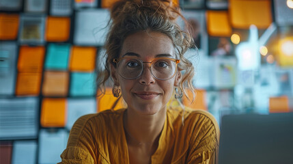 Poster - A creative digital marketer, deeply engrossed and smiling, surrounded by vibrant screens displaying successful e-commerce campaigns. Generative AI.