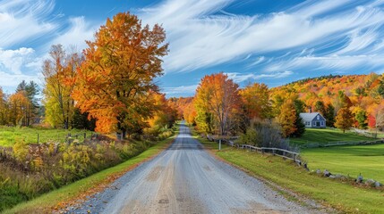 Wall Mural - Colorful fall scene with brilliant foliage of a rural road in Manchester, Vermont.