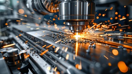Poster - High-precision CNC machining center working, operation of metalworking machine with a lot of spark, industrial manufacturing concept. Generative AI.