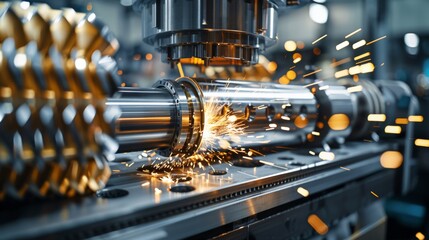 Poster - High-precision CNC machining center working, operation of metalworking machine with a lot of spark, industrial manufacturing concept. Generative AI.