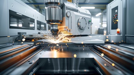 Poster - High-precision CNC machining center working, operation of metalworking machine with a lot of spark, industrial manufacturing concept. Generative AI.