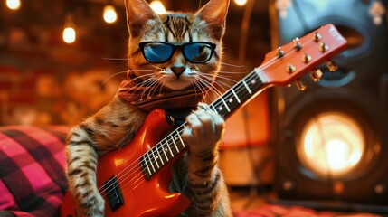 Wall Mural - A funky cat in colorful glasses and a retro outfit, playing a groovy tune on a guitar, with a disco ball above.