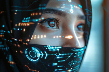 Wall Mural - A closeup of a woman face wearing hijab with futuristic digital symbols, lines illuminating her face, focus on her pupils 