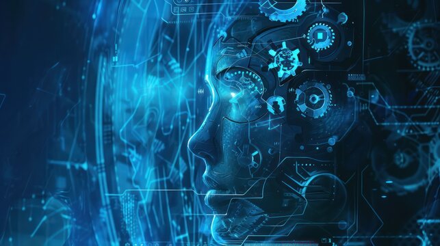 Human head face hologram gear AI technology blue screen light
