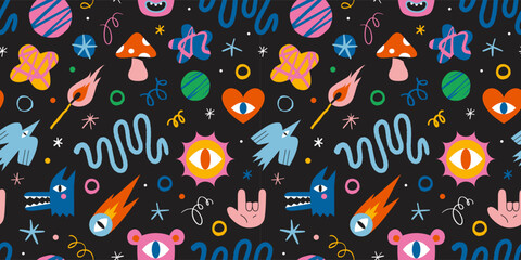 seamless pattern with funny cartoon shapes and characters like bird, monsters, curves and stars. tre