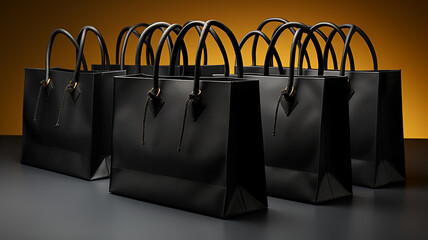 Black shopping bags on black background, black friday sale template, Generative AI.