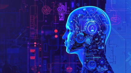 Sticker - Human head face hologram gear AI technology blue screen light