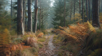 Poster - A panoramic image with beautiful forest for hiking activities. Generative AI.