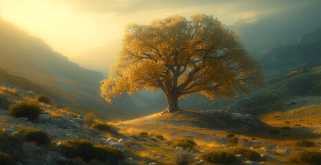 Poster - A giant mulberry tree glowing golden light hiding in the mountain. Generative AI.