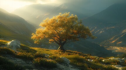 Poster - A giant mulberry tree glowing golden light hiding in the mountain. Generative AI.