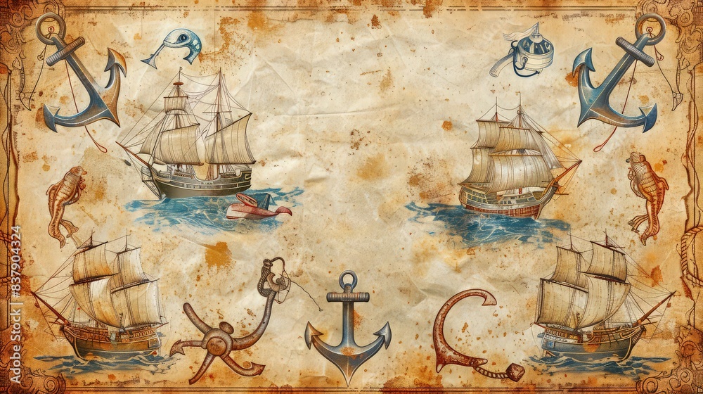 themed scrapbook paper featuring ships, anchors, and sea creatures, layered over aged parchment. The background blends smoothly 