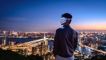 Wall Mural - A man wearing a VR headset stands on a balcony, overlooking a vibrant cityscape at night. The glowing city lights and bustling streets below create a futuristic atmosphere.