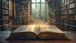 © visoot - A book opened on podium in library. Glowing. Pages flipping. Generative AI.