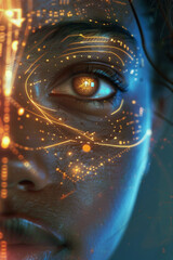 Wall Mural - A closeup of a woman face with futuristic digital symbols, lines illuminating her face, focus on her pupils 