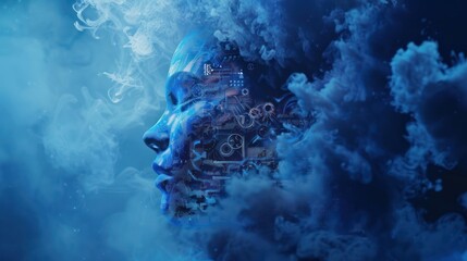 Wall Mural - Human head face hologram gear AI technology blue screen light