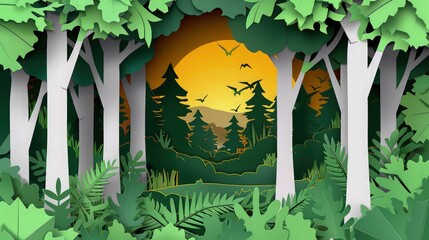 Wall Mural - Summer forest nature landscape in paper cut origami style, featuring woodland natural background and promoting ecology and environment conservation.