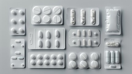 blister packs with pharmaceutical tablets and capsules on a neutral background