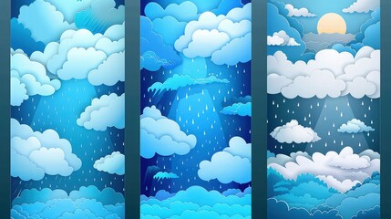 Sticker - Vertical poster set featuring fluffy clouds in paper cut style for a weather forecast app. Thunderstorm, rain, sunny day, night, and winter snow. Place for text.